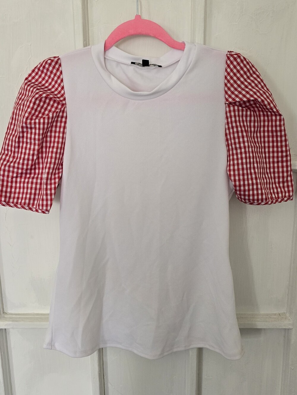 Women White Top with Red Gingham Puff Sleeves